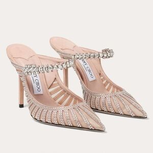 Jimmy Choo Bing 100 Crystal-Embellished Suede Mesh Mule in Pink Size 38.5 NEW